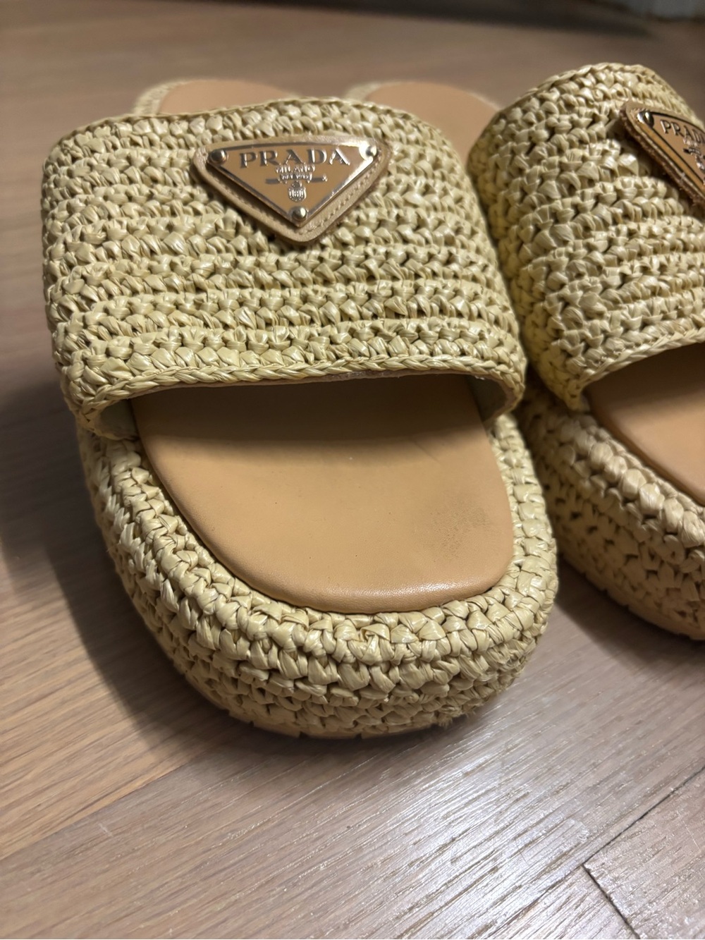 Prada Natural Raffia Slide Sandals with Triangle Logo Plaque - Picture 2 of 6